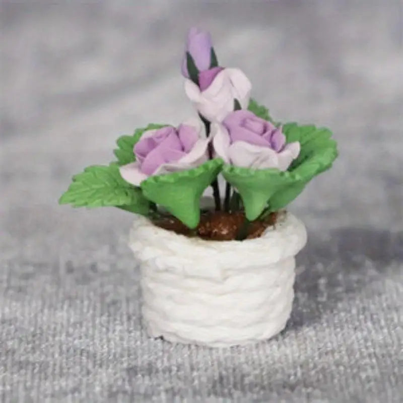 Miniature Red Rose Potted Plant – Resin Simulation Flower Decor Miniature Plant Decor Babs Purple