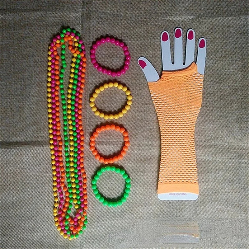 Neon Bead Necklace Bracelet & Fishnet Gloves – 80s Party Set Costume Accessory Set Babs
