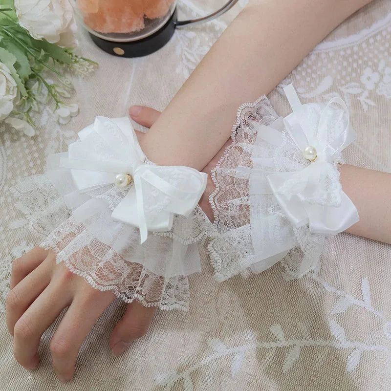 Lace Pearl Bow Bell Sleeve Cuff – Lolita Cosplay Wrist Band Sleeve Wrist Cuff Babs White 20Pairs