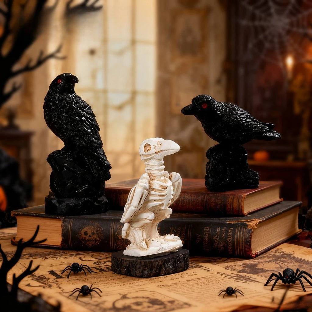 Gothic Crow Resin Figurine | Black Raven Skeleton Halloween Decor Resin Decorative Figurine Babs