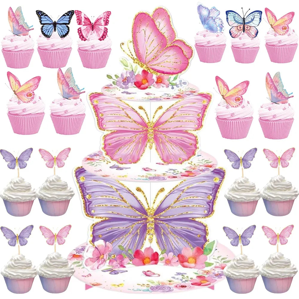Butterfly Cupcake Tower Stand, Wrappers & Cake Toppers Set Party Decoration Set Babs