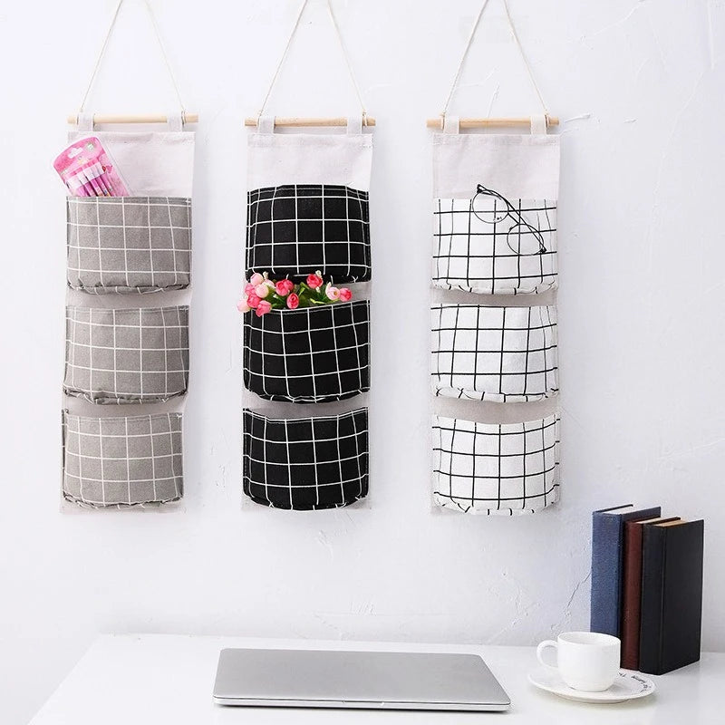 3-Pocket Plaid Hanging Wall Organizer | Door Storage Bag Wall Hanging Organizer Babs
