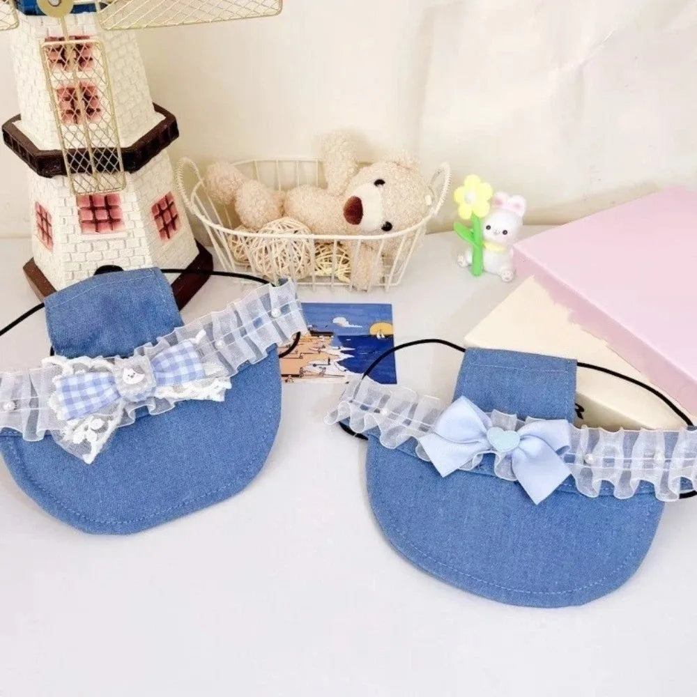 Denim Dog Sun Hat with Ear Holes & Lace Bow | UV Protection Cap Pet Sun Hat Babs