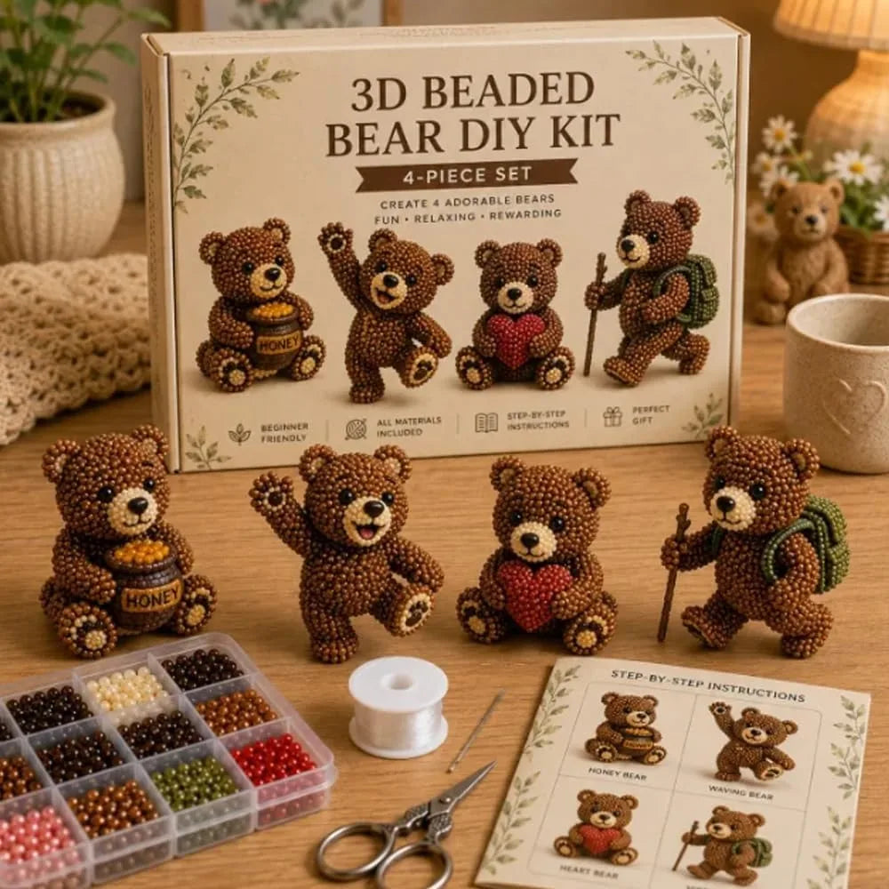 3D Beaded Bear Set – Handmade Bear Sculpture Kit, 4 Bears Bead Craft Kit Babs C-without Color box