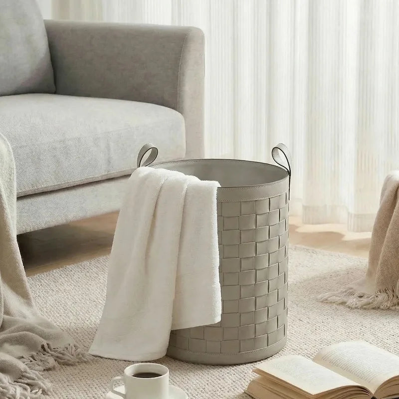 Luxury Leather Woven Storage Basket & Laundry Hamper Storage Basket Hamper Babs