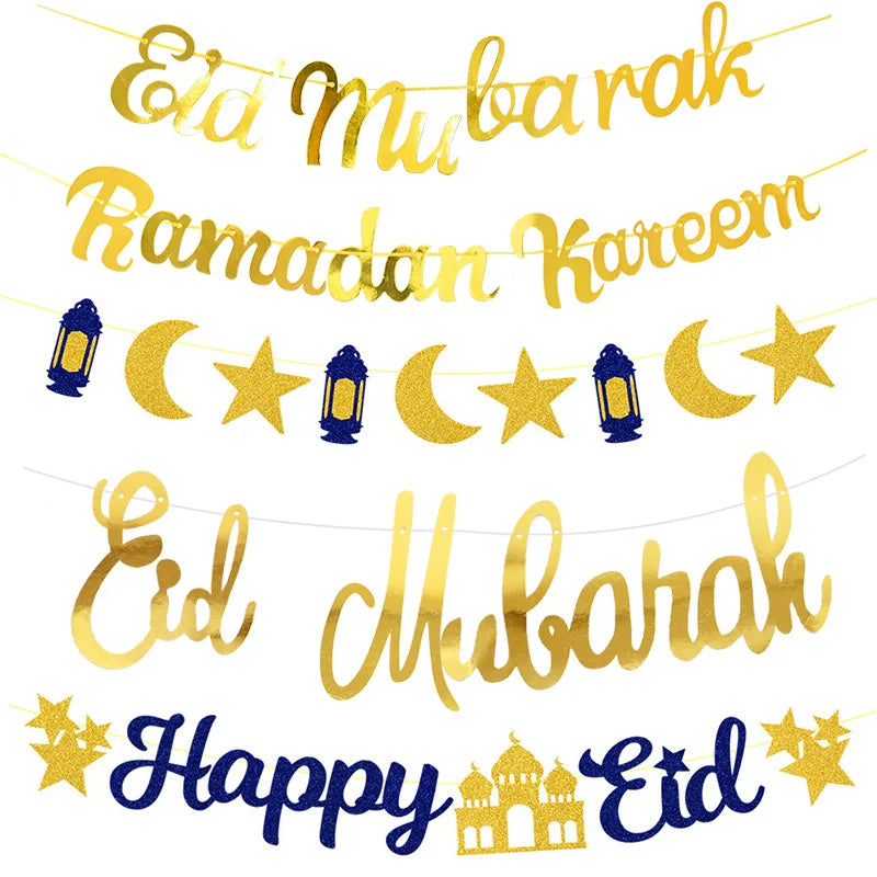Eid Mubarak Glitter Banner – Star Moon Paper Bunting Garland Party Banner Garland Babs