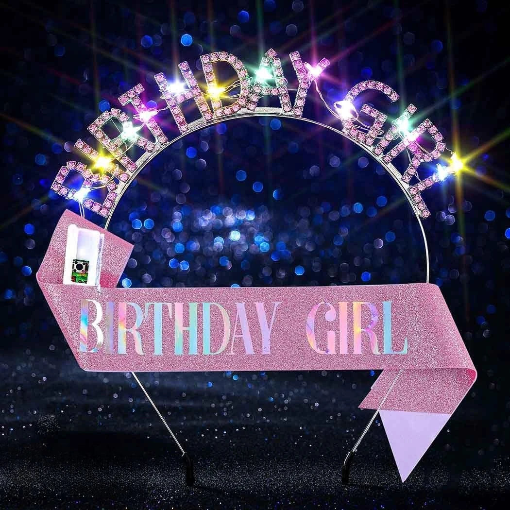 Light Up Birthday Crown & Sash Set – LED Rhinestone Headband Party Crown Sash Set Babs Pink