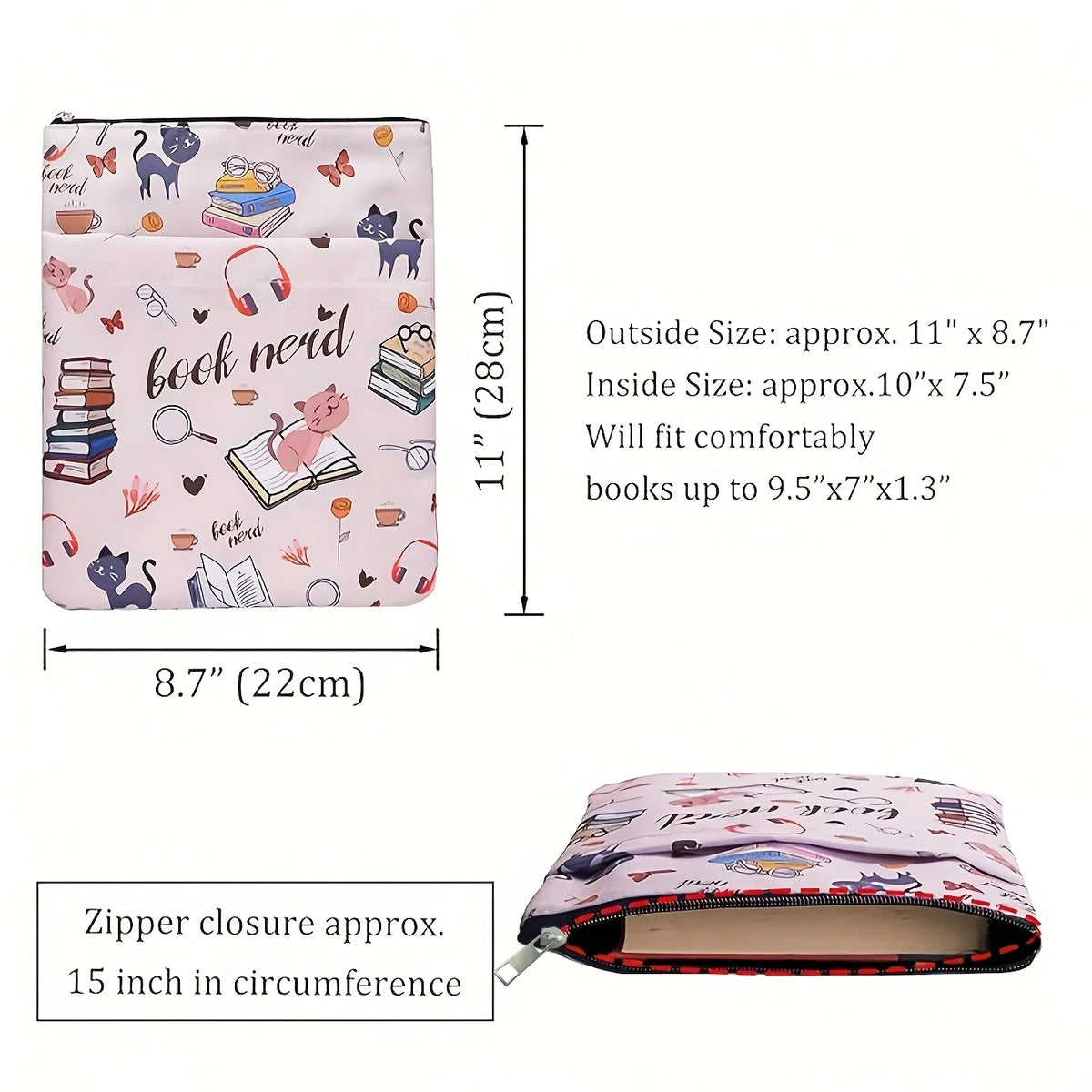 Book Nerd Fabric Book Sleeve with Zipper – Cat & Books Print Fabric Book Sleeve Babs