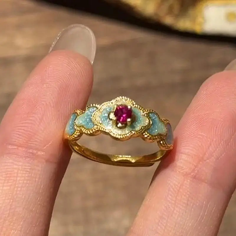 Vintage Palace Auspicious Cloud Ruby Zircon Ring – Adjustable Cocktail Ring Babs