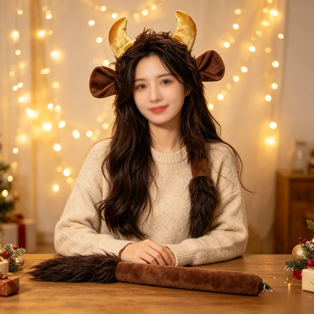 Plush Bull Horn Headband & Tail Set | Halloween Cosplay Gold Costume Accessory Set Babs