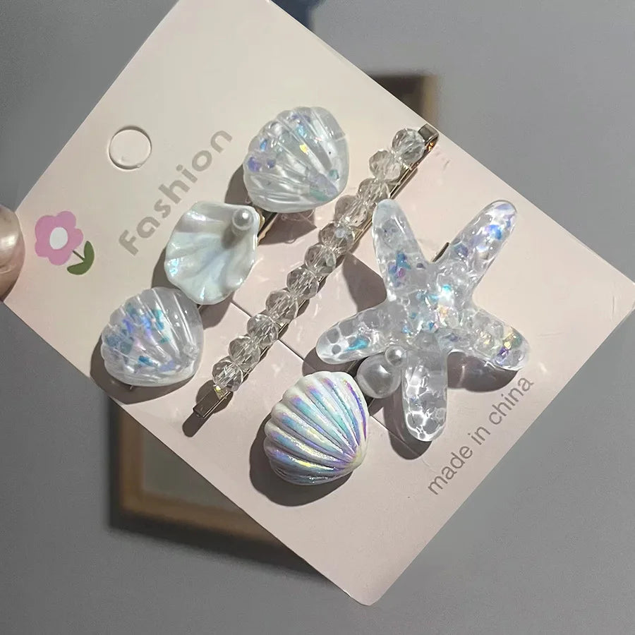 Ocean Hair Clip Set – Starfish Shell Pearl Barrettes Hair Clip Set Babs white