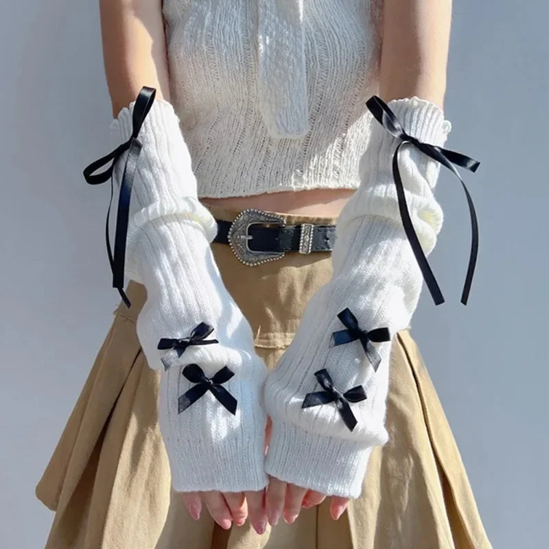 Y2K Bow Knit Arm Warmers – Women's Half Finger Mittens Knit Arm Warmers Babs
