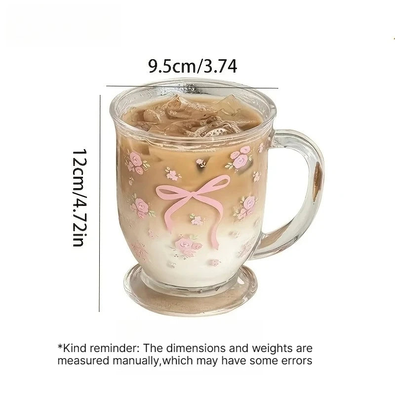 Rose Bow Pattern Glass Cup 450ml | U-Shaped Floral Glass Decorative Glass Cup Babs