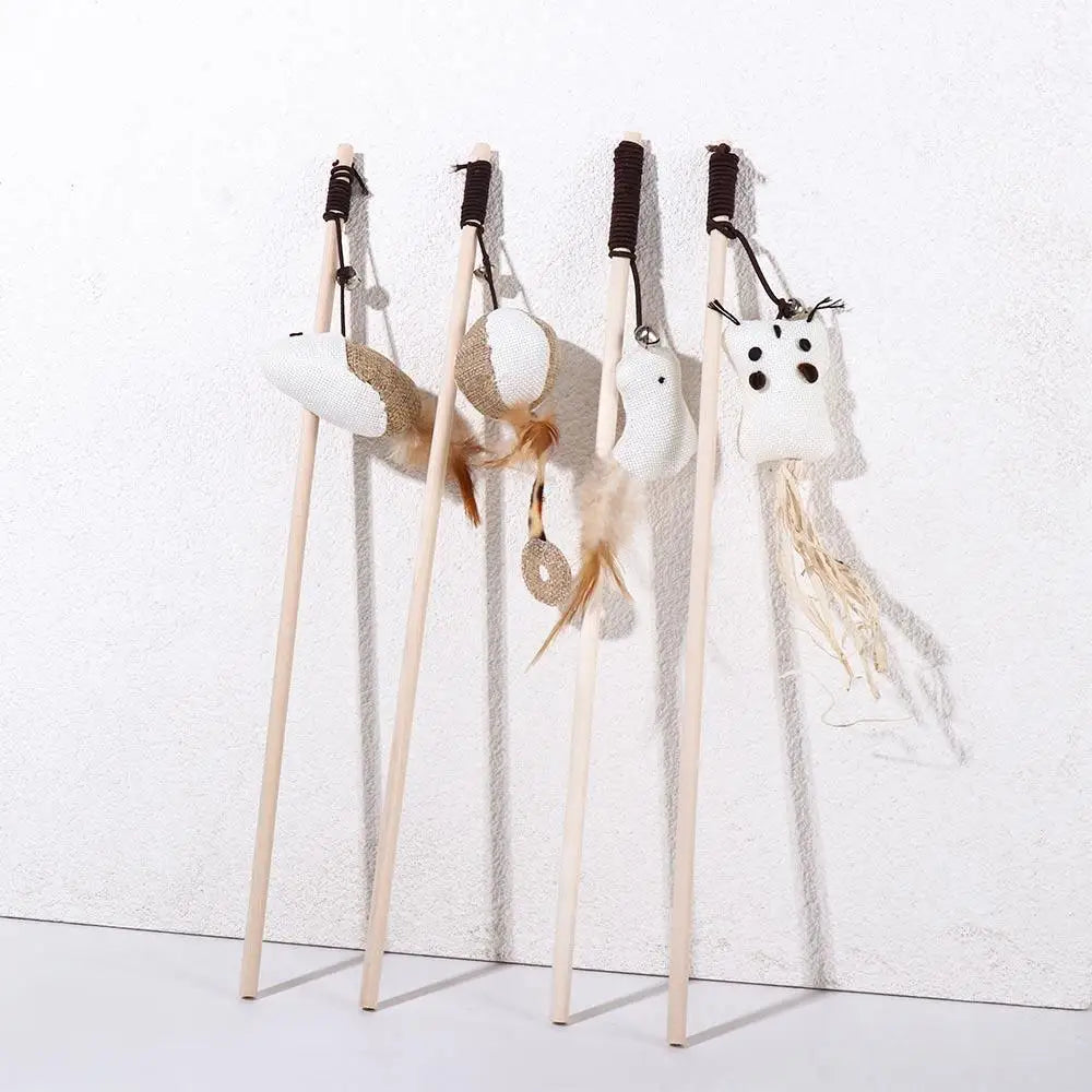 Cat Teaser Wand Toy – Feather, Bell & Linen Mouse Interactive Cat Teaser Wand Babs