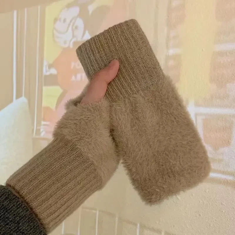 Women's Plush Half-Finger Gloves – Warm Cute Fingerless Winter Fingerless Winter Gloves Babs khaki
