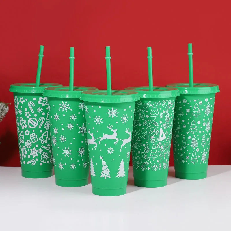 5-Pack 24oz Christmas Plastic Cups with Lids & Straws – Reusable Holiday Drinkware Set Babs