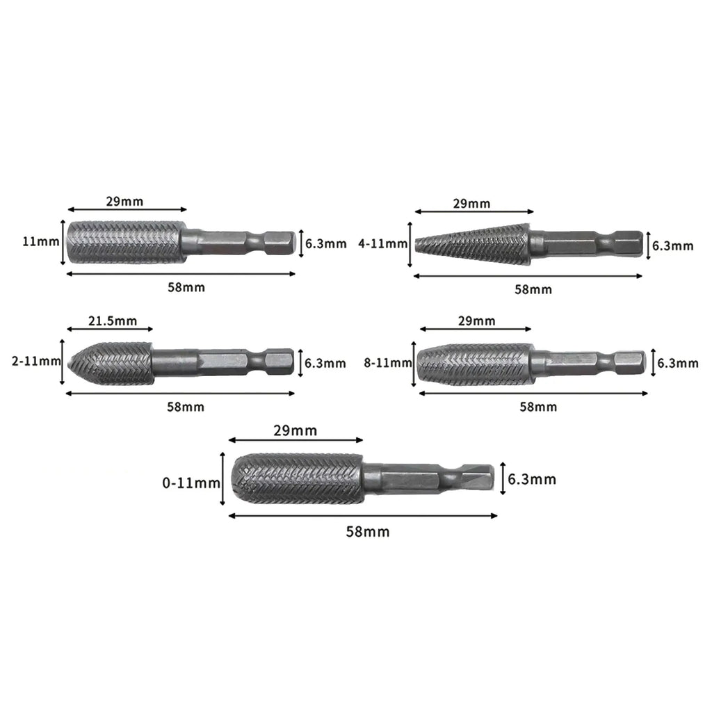 5-Pc Rotary Rasp File Set 1/4" Hex Shank Carving Burr Bits Rotary Rasp File Set Babs