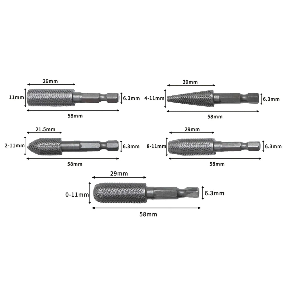 5-Pc Rotary Rasp File Set 1/4" Hex Shank Carving Burr Bits Rotary Rasp File Set Babs