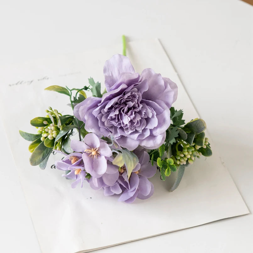 Silk Peony Hydrangea Artificial Bouquet – Wedding & Home Décor Artificial Flower Bouquet Babs PURPLE 5 pcs