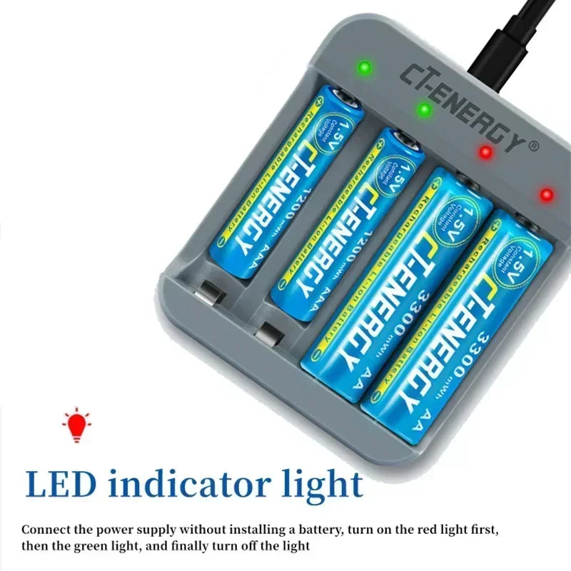 4-Slot Li-Ion Battery Charger AA AAA 1.5V LED Indicator USB-C Battery Charger Babs