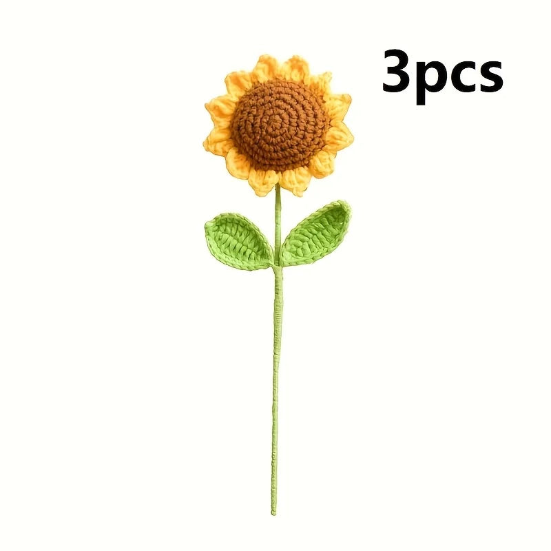 3-Piece Hand Crochet Knitted Artificial Sunflower Bouquet Artificial Flower Bouquet Babs yellow 3pcs
