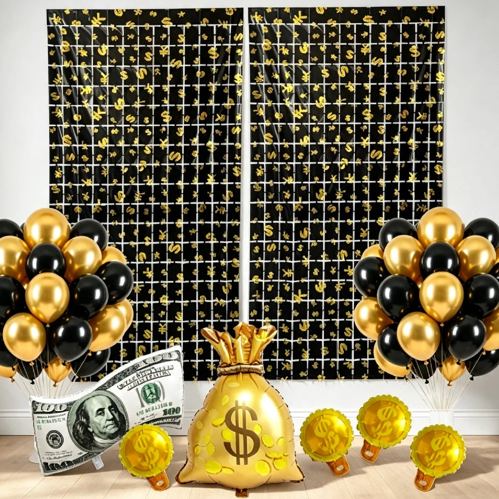 Dollar Sign Foil Curtain & Money Balloon Party Decor Set Party Decoration Set Babs