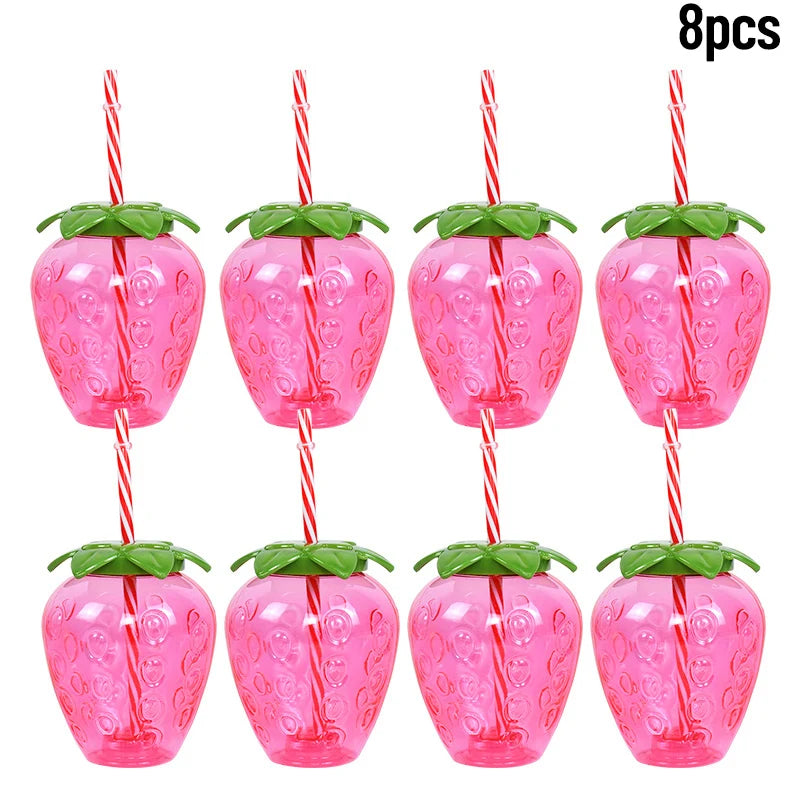 8pc Tropical Party Cups with Straws – Pineapple & Strawberry Party Drinkware Set Babs 8pcs strawberry