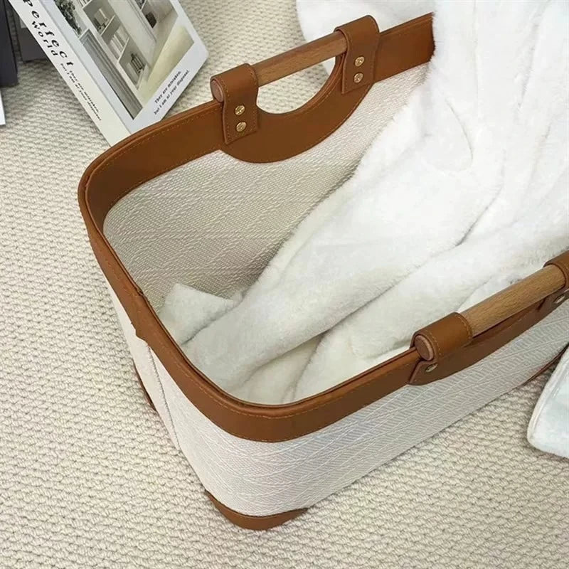 Large Leather Storage Basket with Wood Handle – Retro Organizer Leather Storage Basket Babs