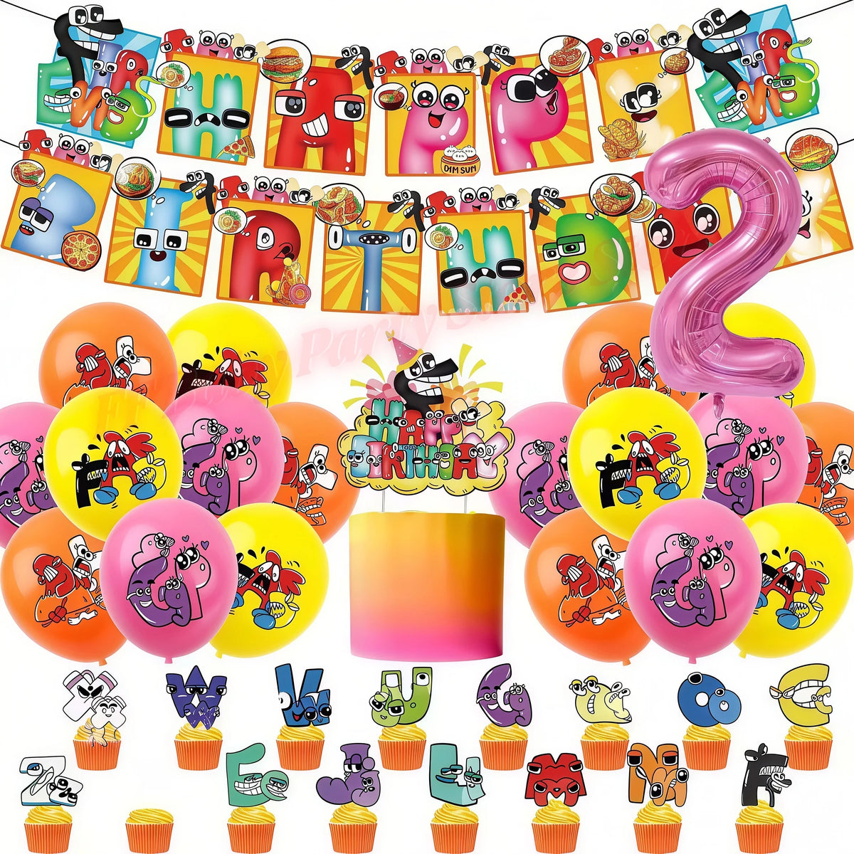 Alphabet Lore Birthday Party Supplies – Balloons & Backdrop Set Party Decoration Set Babs 1set-Number 2 12inch