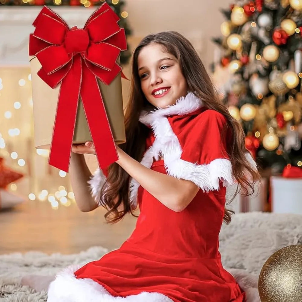 Large Red Velvet Christmas Bow – Gold Edge Tree & Door Decor Christmas Bow Decoration Babs