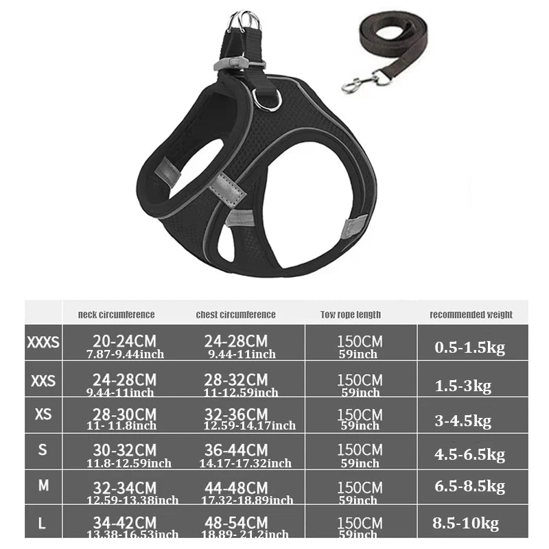 Reflective Dog Harness Vest with Leash | XXXS–L All Breeds Dog Harness Vest Babs