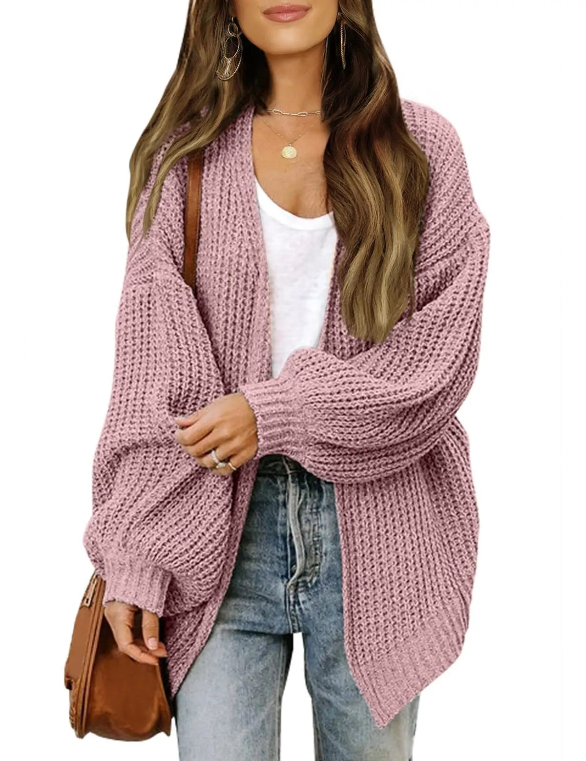 Women's Lantern Sleeve Thick-Knit Cardigan – Loose V-Neck Coat Knit Cardigan Sweater Babs XXL Pink