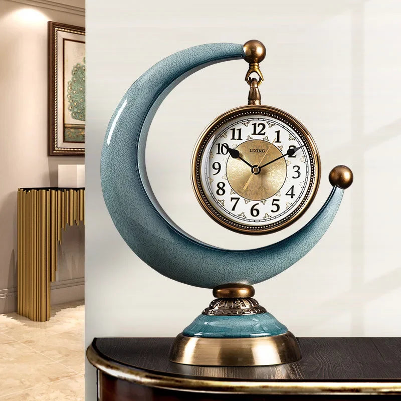 Luxury Retro Moon Desk Clock | Silent Quartz, Hourly Chime Decorative Desk Clock Babs