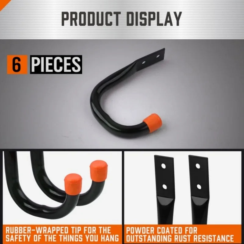 6-Pack Heavy-Duty Garage Wall J-Hooks for Tools & Cords Garage Storage Hooks Babs