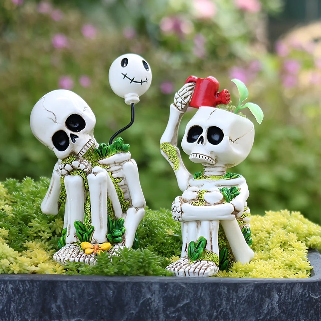 Skeleton Thinking Statue Set of 2 – Halloween Garden Decor Halloween Garden Statue Babs