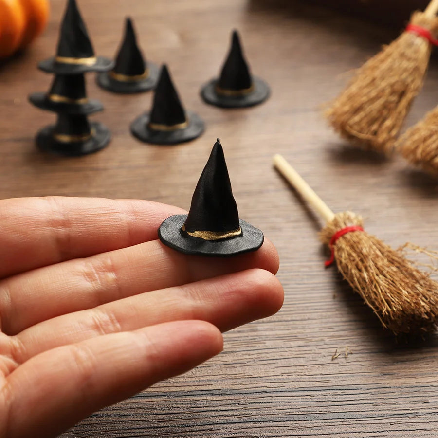 20Pcs Mini Witch Hats & Brooms Halloween DIY Decoration Set Halloween Craft Decor Babs