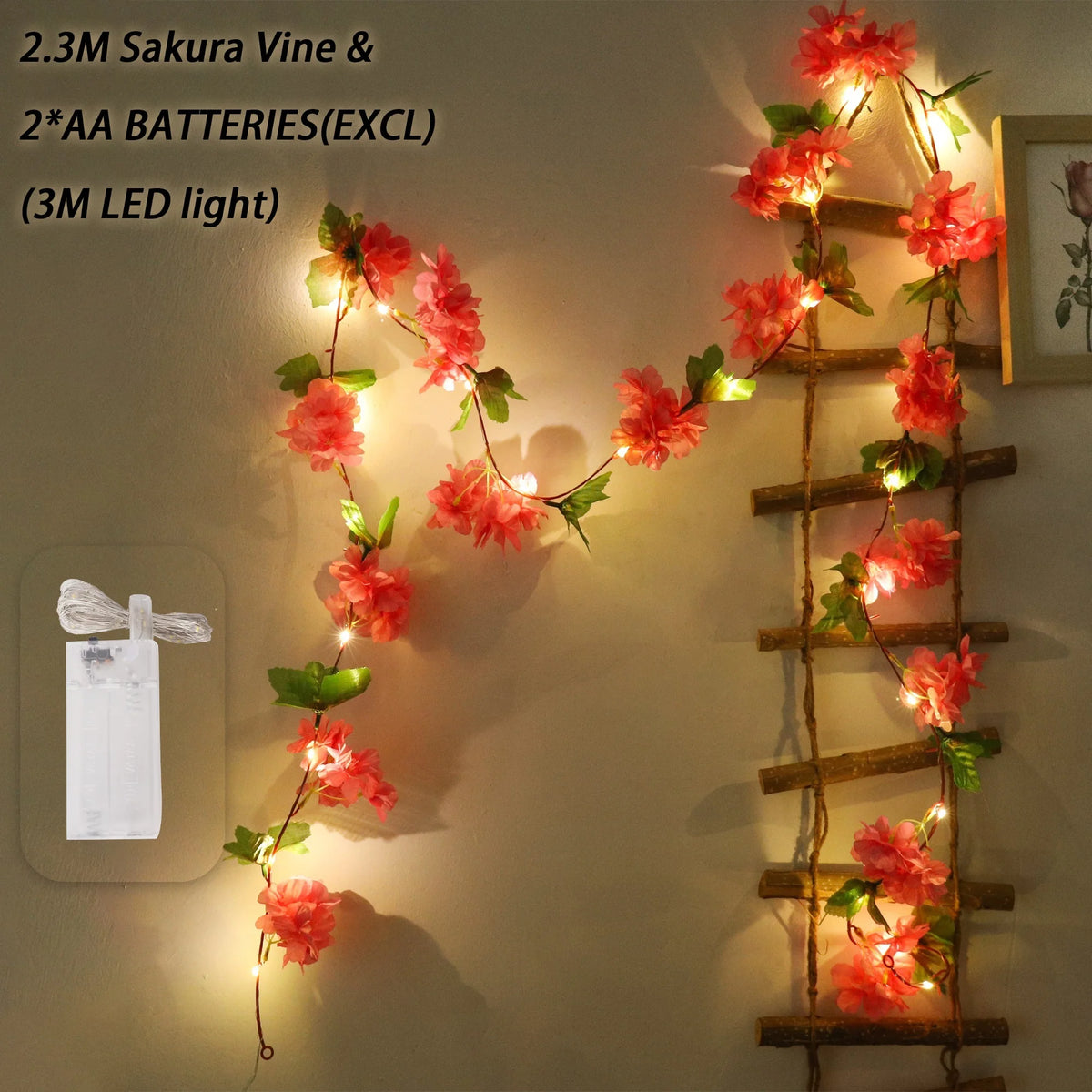 Cherry Blossom Vine LED Garland – Sakura Wedding Arch Decor Artificial Flower Garland Babs Rose Red 2 1PC