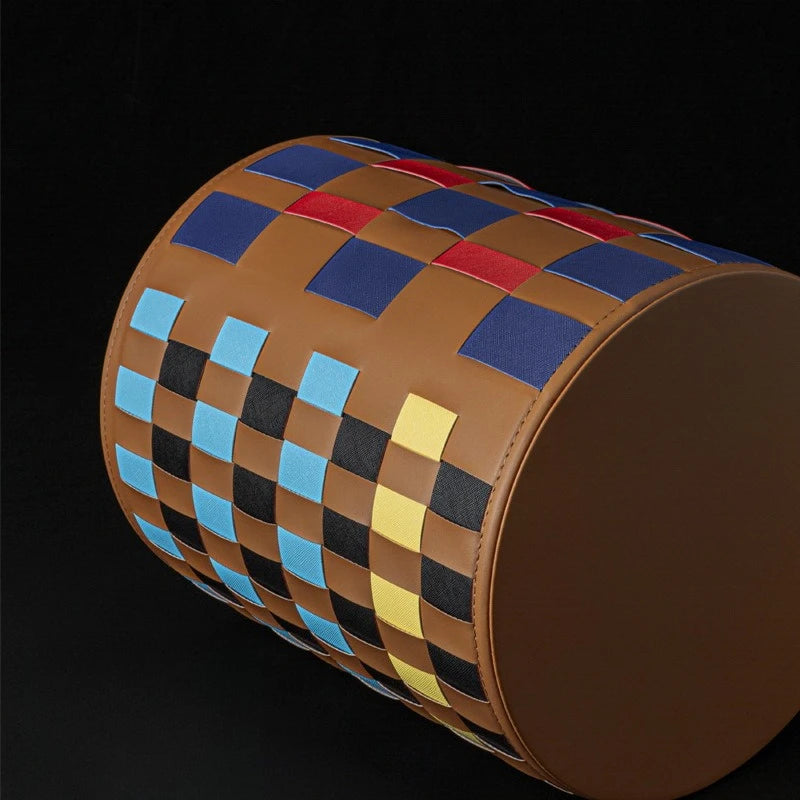 Colorful Leather Woven Round Storage Basket | Organizer Bin Woven Storage Basket Babs