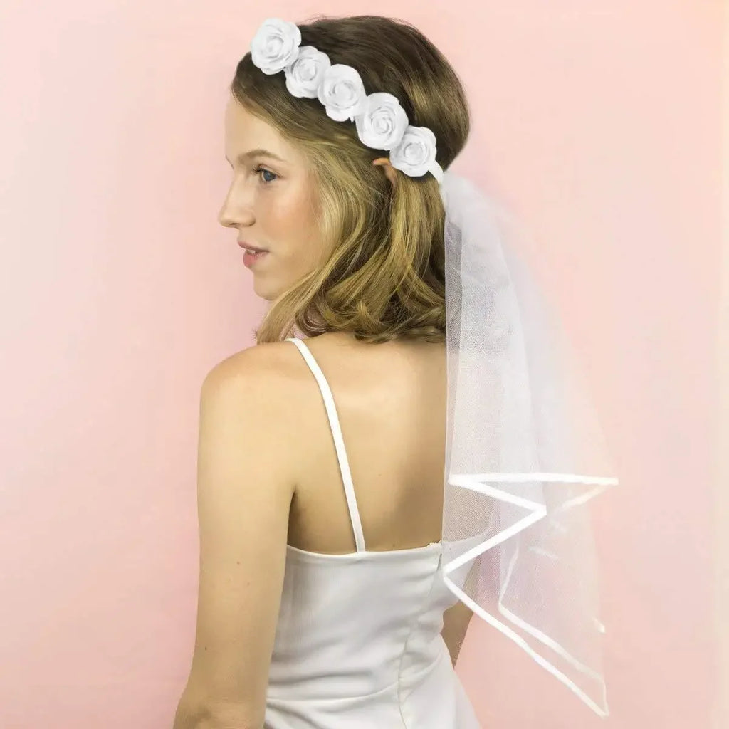 White Rose Flower Veil Headband – Bridal Shower Wreath Bridal Flower Headband Babs
