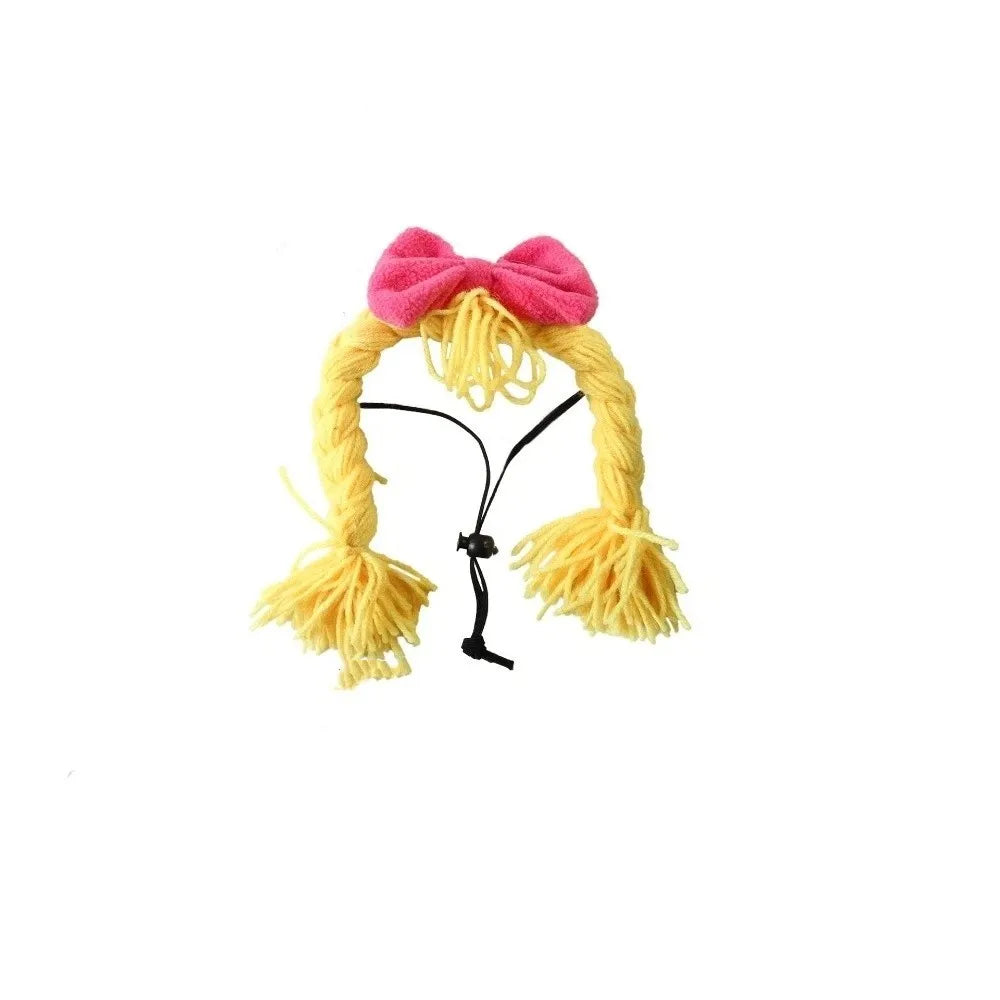 Cute Pet Wig Braid Bow Headgear Cat Cosplay Costume Pet Costume Headgear Babs Yellow