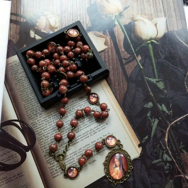 Seven Sorrows Rosary Necklace – Wine Red Stone Prayer Chaplet Rosary Necklace Babs