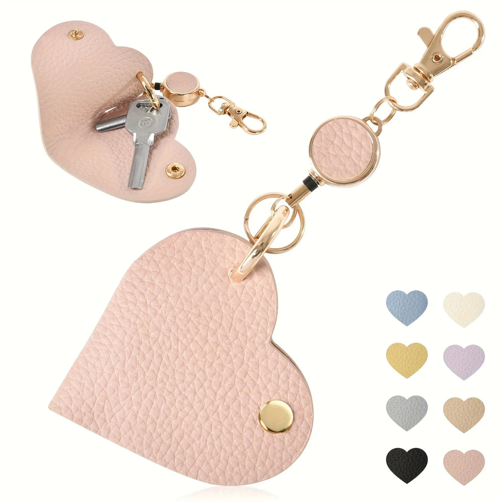 Heart-Shaped Leather Key Bag with Retractable Pull Tab Leather Key Holder Babs Pink
