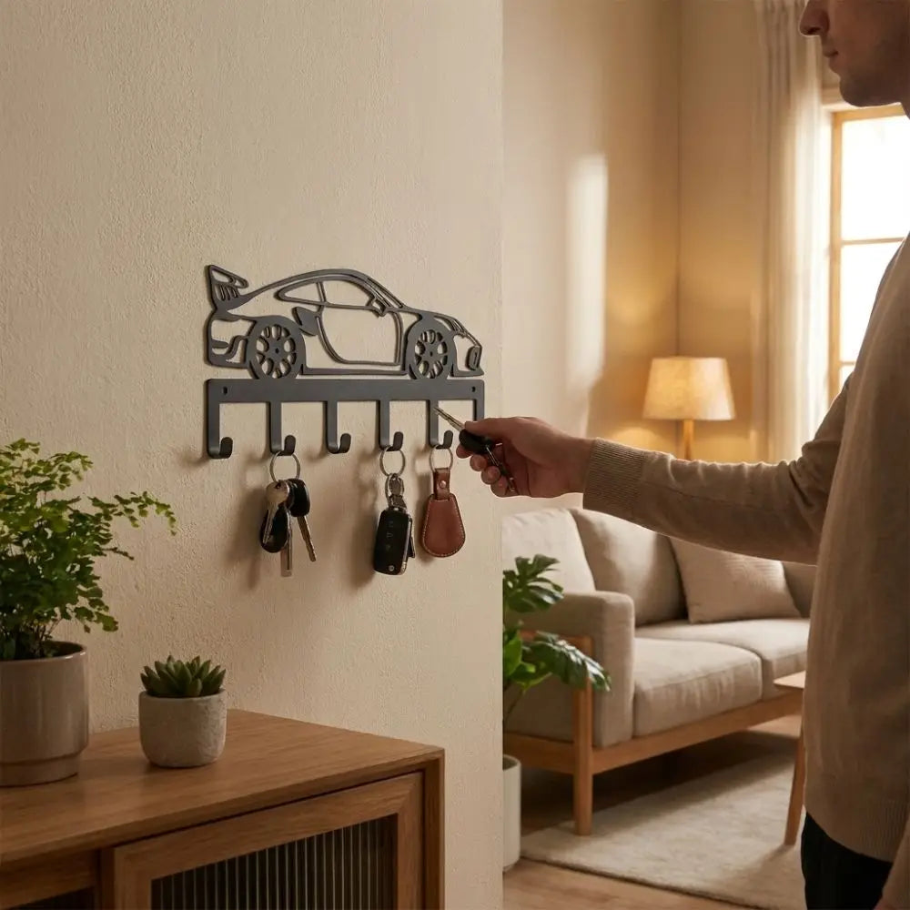 Black Industrial Metal Wall Key Rack – 6 Hooks, Pre-Drilled Wall Key Rack Babs