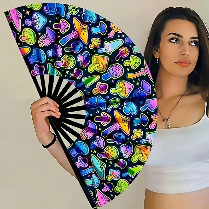 Large Carnival Folding Fan – Neon Mushroom Pattern, Unisex Decorative Folding Fan Babs