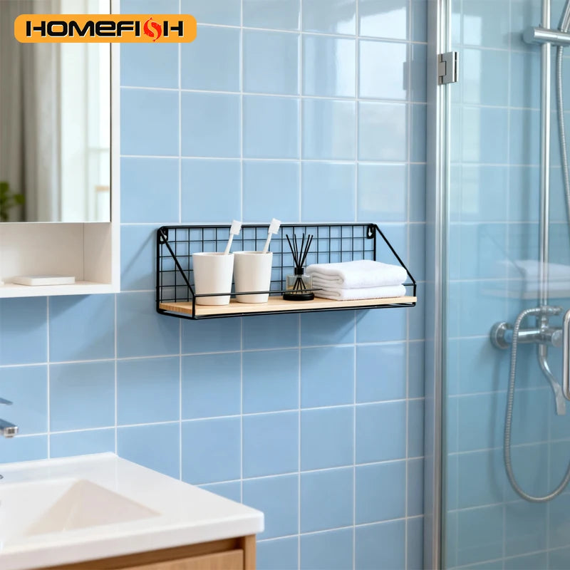 Wall Mounted Iron & Wood Floating Storage Shelf | Space Saving Floating Wall Shelf Babs