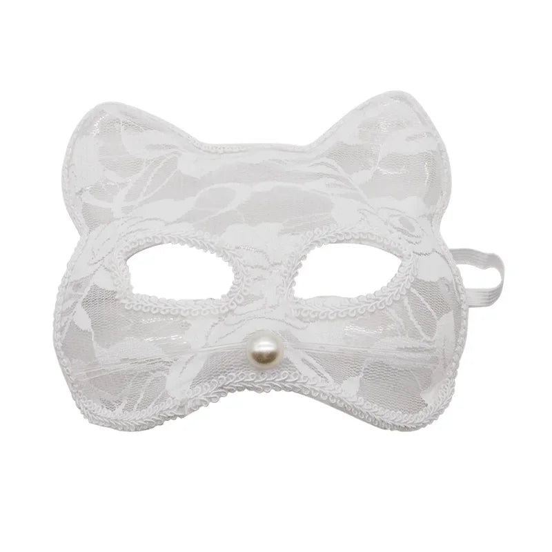 10pcs Halloween Lace Half Face Masks – Cat & Fox Cosplay Costume Party Masks Babs white lace mask