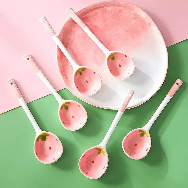 Kawaii Strawberry Ceramic Spoon – Hand-Painted Long Handle Ceramic Dessert Spoon Babs