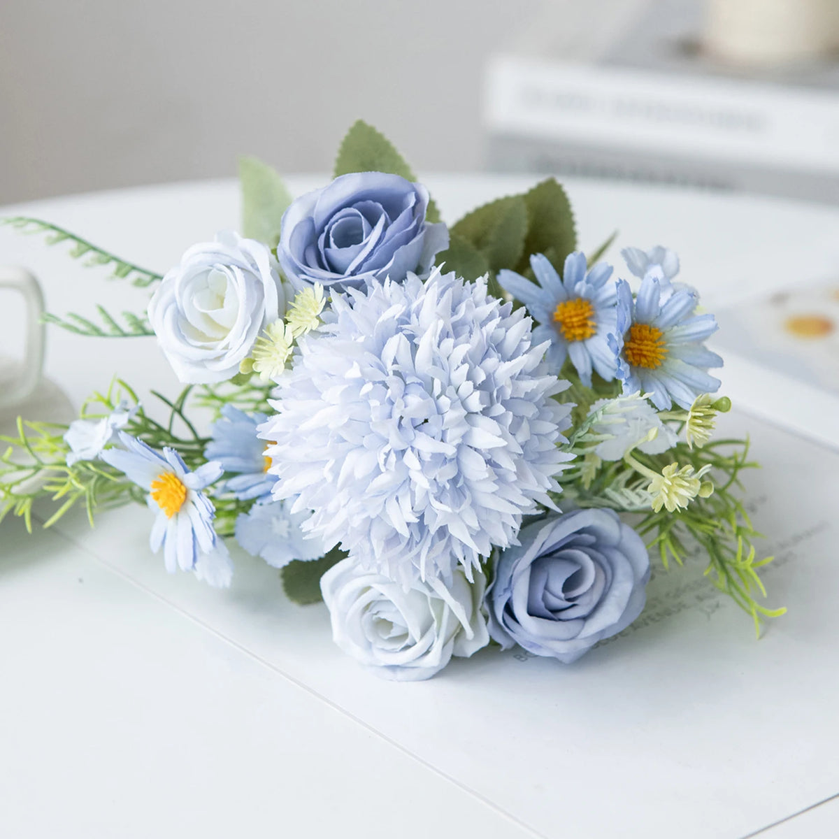 Artificial Silk Roses & Hydrangeas Bouquet – Wedding Home Decor Artificial Flower Bouquet Babs Blue 1PC