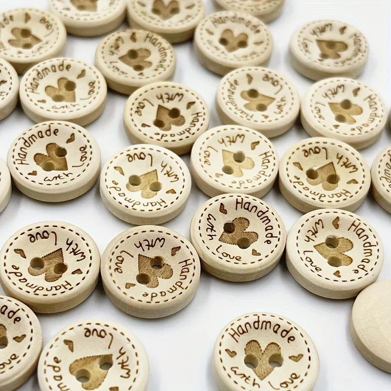 100pcs Heart-Shaped Wooden Buttons – 15mm 20mm 25mm Assorted Wooden Craft Buttons Babs