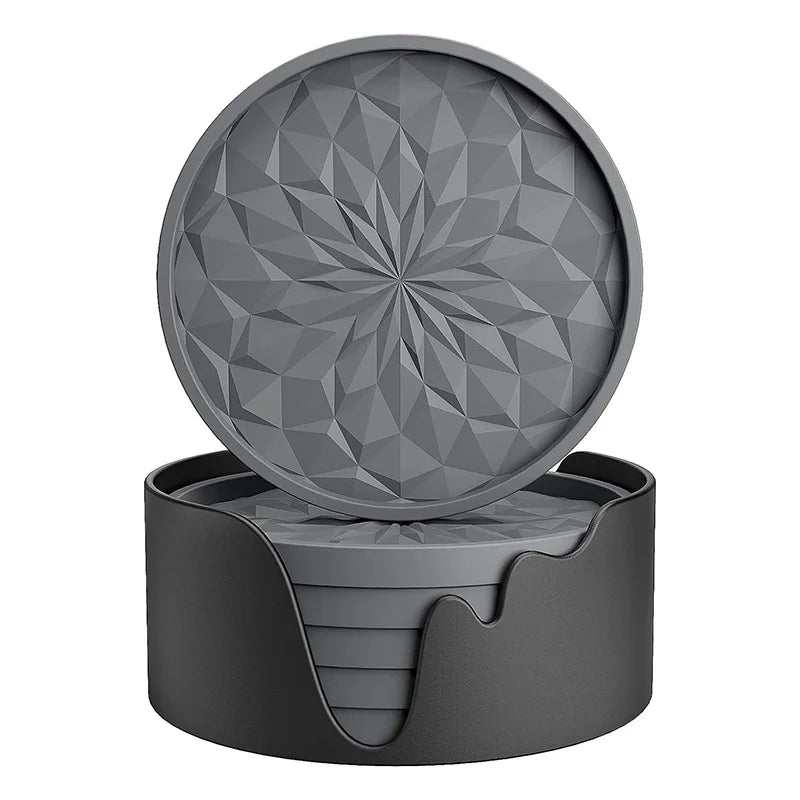 6-Pack Silicone Coasters with Holder – Non-Slip Diamond Pattern Silicone Coaster Set Babs Grey-6pcs about 10x10cm Round